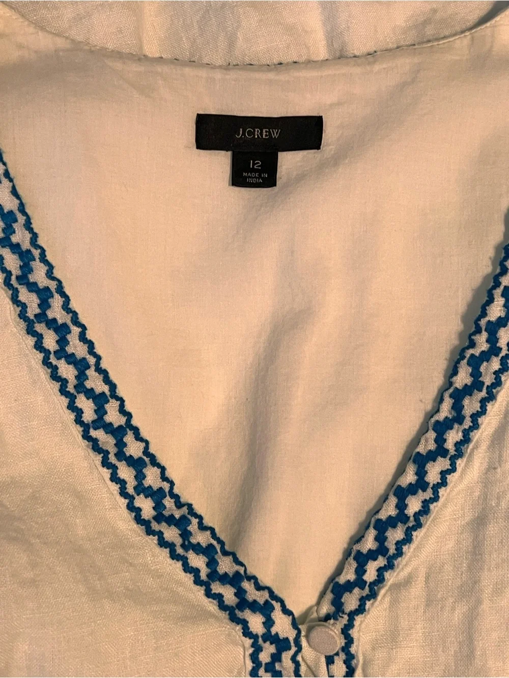 J. Crew White Linen Midi Dress with Blue Embroidered Trim